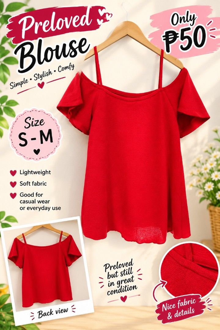 Red Cold Shoulder Blouse Casual Top (Category: Blouses) located in Pasig City. Submitted by my_angels_closet (Listing ID 1468752915, Image 1). Description: - Color: Bright red - Style: Cold shoulder with spaghetti straps and short sleeves - Fit: Size S to M - Material: Soft, lightweight, and comfortable - Condition: Preloved, great overall condition.