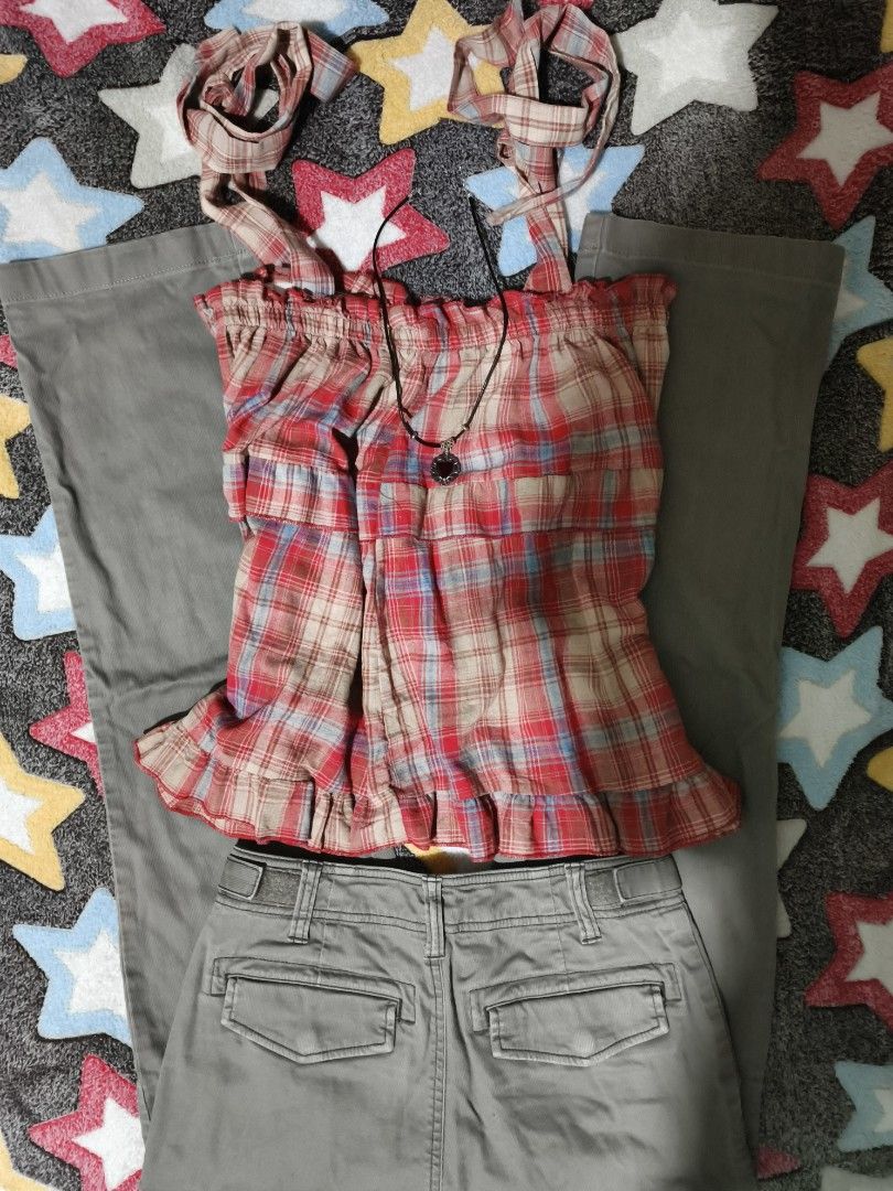 Red Plaid Tie-Strap Top and Grey Cargo Pants Set (Category: Sets or Coordinates) located in Cebu City. Submitted by straw.berry.milk.24 (Listing ID 1468853842, Image 1). Description: SET H top: s-m pants: w-26-27" l-39" • jewelry not included .