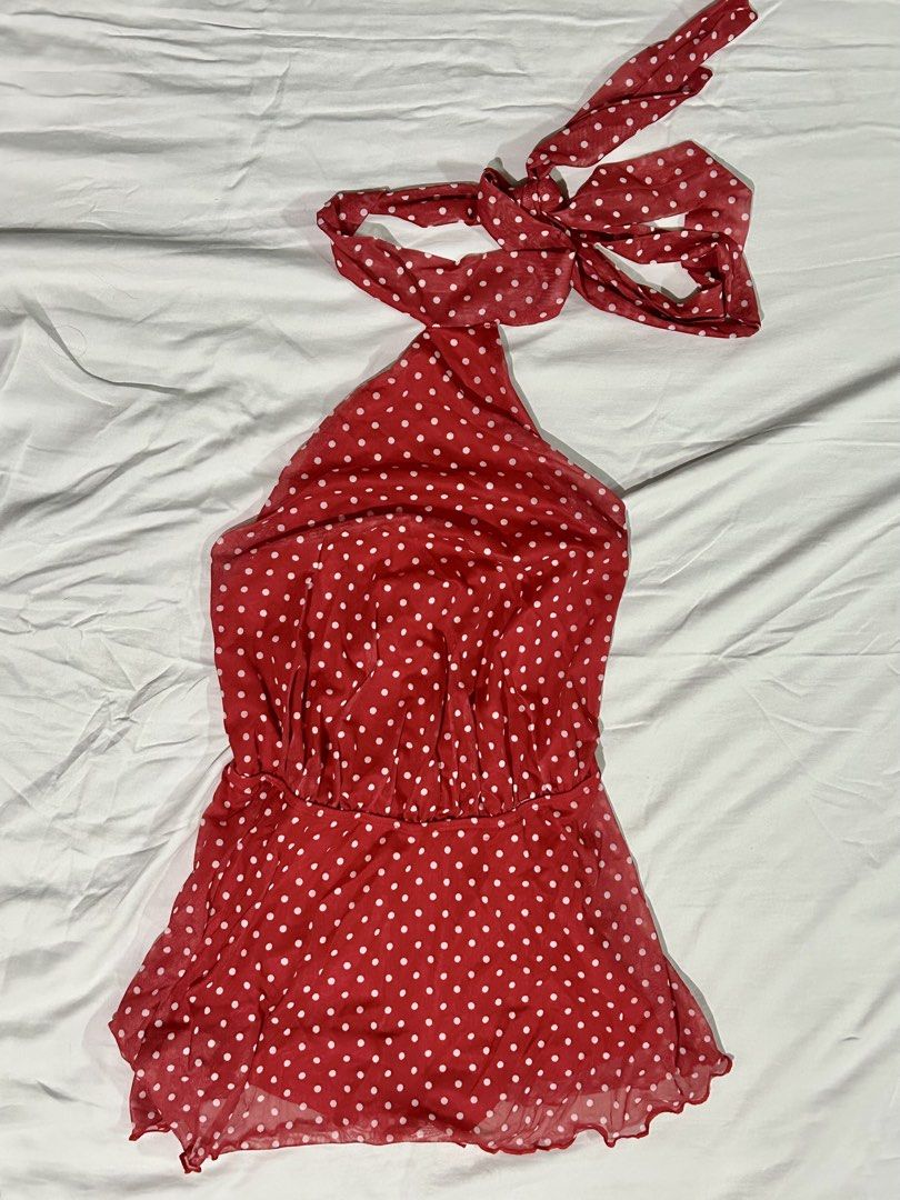 Red Polka Dot Halter Dress (Category: Dresses) located in Muntinlupa City. Submitted by _gudstuff (Listing ID 1468877175, Image 1). Description: - Style: Red and white polka dot halter dress with a tie-neck strap and open back - Material: Lightweight, airy chiffon - Details: Cute ruffled hemline at the bottom - Condition: Worn once for a quick photo shoot, basically brand new - im 5’3” tall .