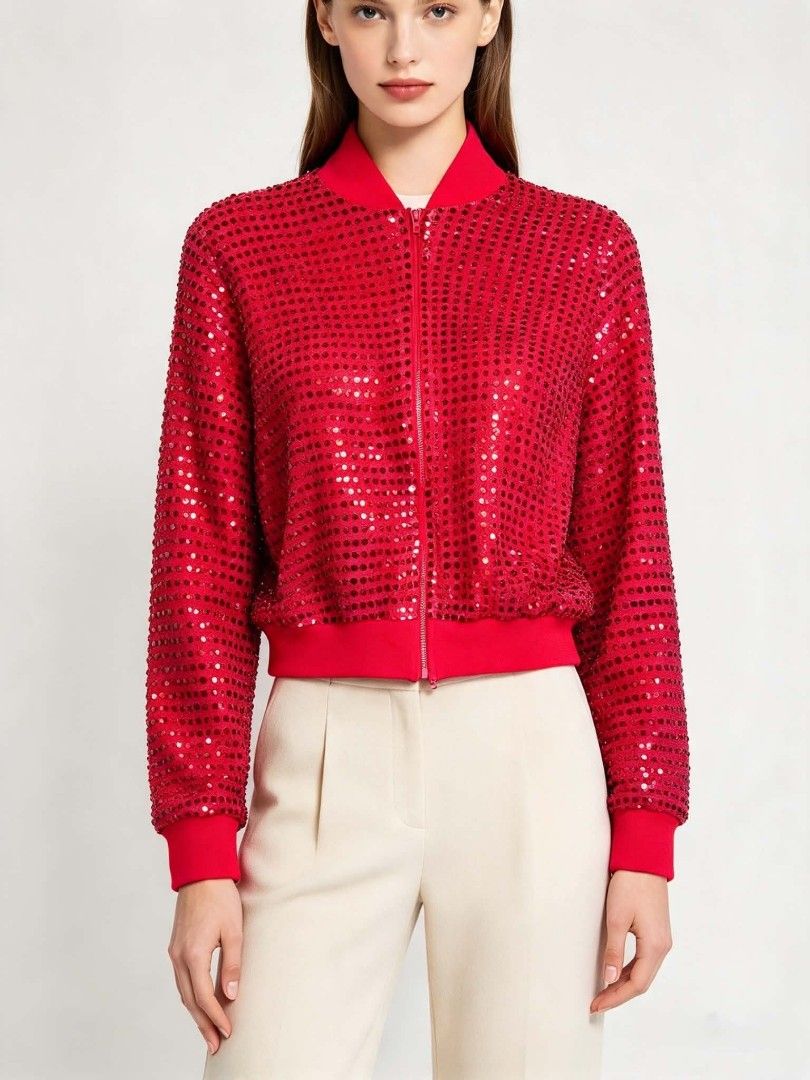 Red Sequin Bomber Jacket Full Zip Ribbed Trim (Category: Coats, Jackets and Outerwear) located in Caloocan City. Submitted by mylove326 (Listing ID 1468776233, Image 1). Description: - Bright red sequin bomber jacket with full front zipper - Solid red ribbed collar, cuffs, and hem for a comfortable fit - Fully covered in sparkly red sequins that catch the light - Ultimate statement piece for parties, holidays, and special events - Size: Measures 