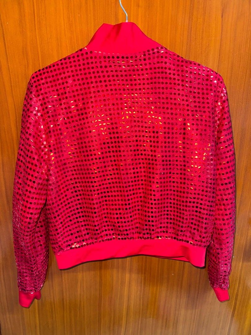Red Sequin Bomber Jacket Full Zip Ribbed Trim (Category: Coats, Jackets and Outerwear) located in Caloocan City. Submitted by mylove326 (Listing ID 1468776233, Image 3). Description: - Bright red sequin bomber jacket with full front zipper - Solid red ribbed collar, cuffs, and hem for a comfortable fit - Fully covered in sparkly red sequins that catch the light - Ultimate statement piece for parties, holidays, and special events - Size: Measures 