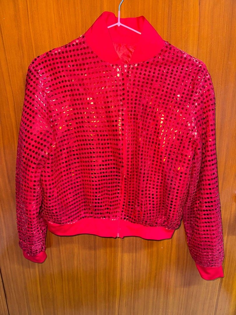Red Sequin Bomber Jacket Full Zip Ribbed Trim (Category: Coats, Jackets and Outerwear) located in Caloocan City. Submitted by mylove326 (Listing ID 1468776233, Image 2). Description: - Bright red sequin bomber jacket with full front zipper - Solid red ribbed collar, cuffs, and hem for a comfortable fit - Fully covered in sparkly red sequins that catch the light - Ultimate statement piece for parties, holidays, and special events - Size: Measures 