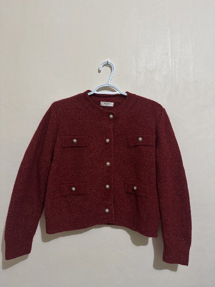 Red Tweed Thick Cardigan Blazer (Category: Coats, Jackets and Outerwear) located in Quezon City. Submitted by brandsetcph (Listing ID 1468789728, Image 1). Description: Tweed cardigan Very thick Perfect for winter Used in Japan once Size: best fit medium (19x22in).