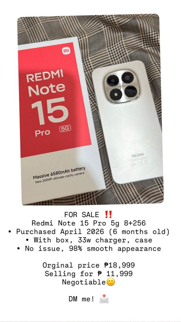 Redmi Note 15 Pro 5g (Category: Xiaomi) located in Manila. Submitted by laladelrosario (Listing ID 1468874042, Image 1). Description: No issue, 98% smooth appearance With 33w charger, case, box 6 months old.