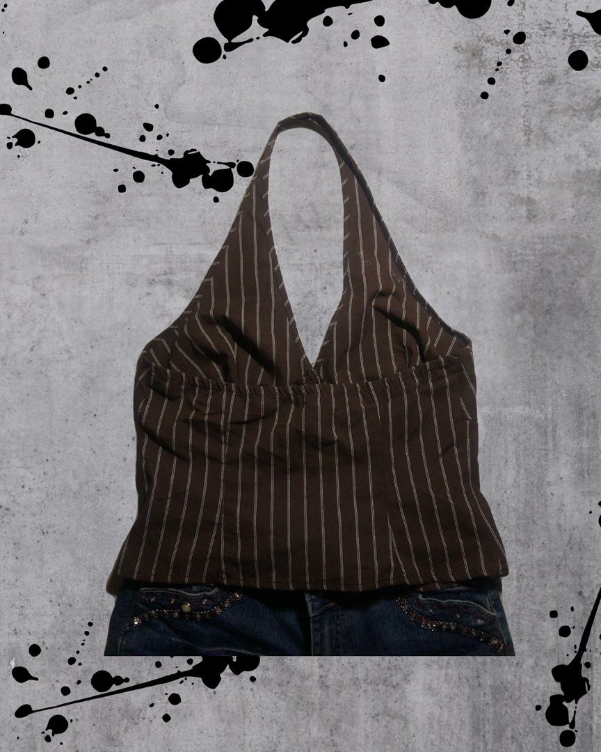 Retro Casual — Brown Striped Halter Top (Category: Others Tops) located in Calamba. Submitted by kiyanc3 (Listing ID 1465931966, Image 2). Description: No Issue - Small to Medium - Can Open Buttons - Backless - Plunging Neckline.