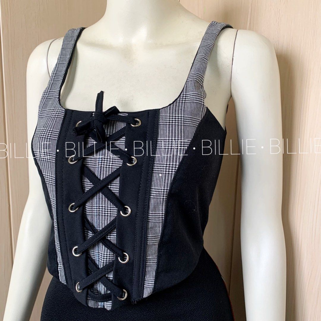 REWORKED CORSET TOP (s-m) (Category: Sleeveless) located in Baguio. Submitted by cattycattymeowmeow (Listing ID 1468925923, Image 2). Description: REWORKED CORSET TOP 🖤 — reworked corset from a mix of sourced fabrics — one of a kind, uniquely yours! — with soft boning — adjustable lace-up back — fits small-medium body frame ₱380 🌲 Baguio City.