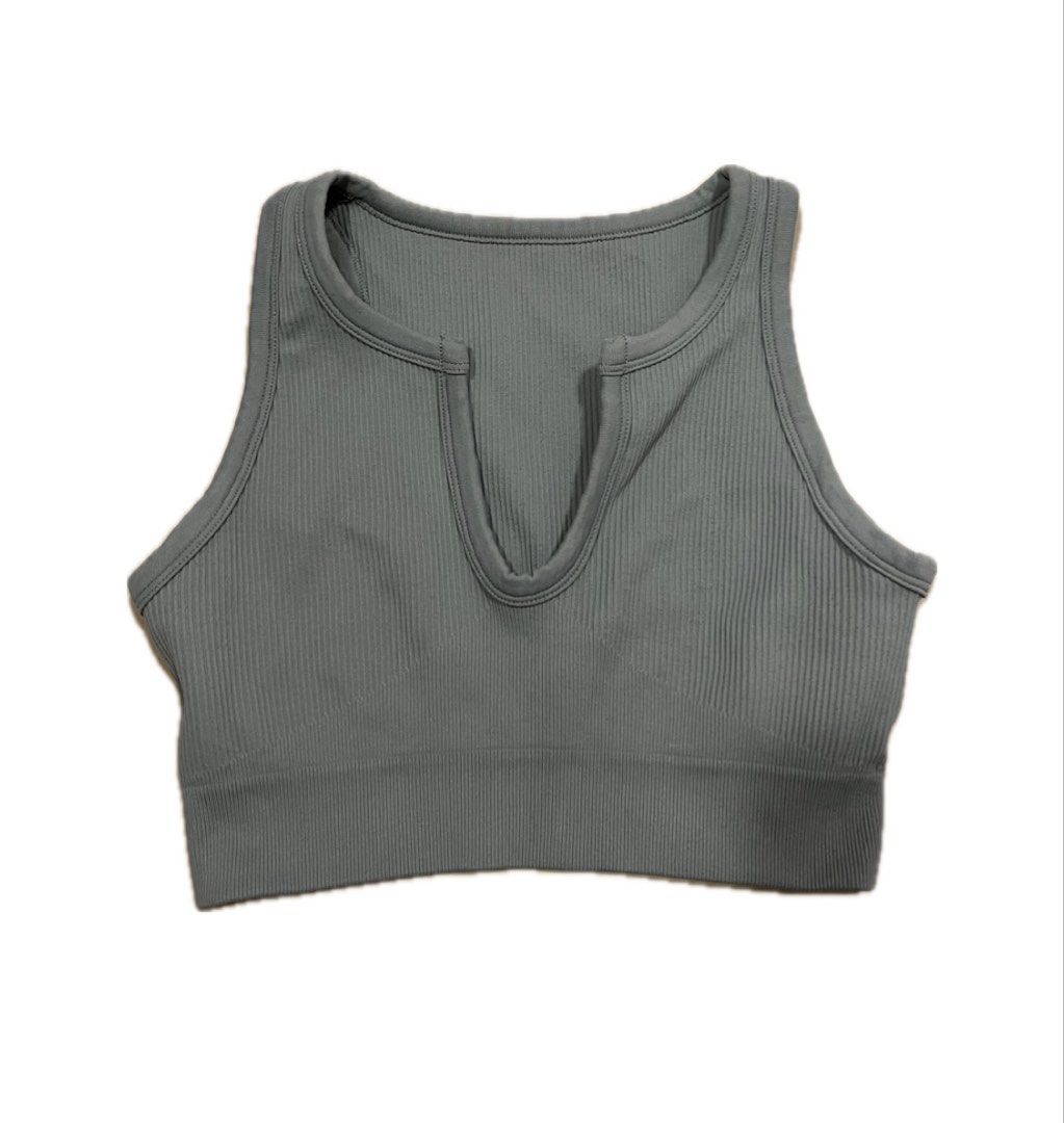 Ribbed Grey Crop Tank Top with V-Neck (Category: Sleeveless) located in Koronadal. Submitted by keenpenguin_6af0c6 (Listing ID 1468816738, Image 1). Description: - Color: Grey - Design: Ribbed crop top with split V-neck - Support: Wide straps and thick underbust band - Material: Soft, stretchy, comfortable, and breathable fabric - Versatility: Perfect for workouts, yoga, or daily casual wear - Matching: Pairs great with high-waisted leggings or s