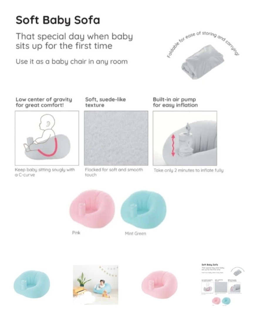 Richell Soft Baby Sofa (Category: Kids Tables & Chairs) located in Quezon City. Submitted by k_closetsale (Listing ID 1468928531, Image 3). Description: Low center of gravity for greater comfort Keeps baby sitting snugly with C -curve Soft, suede like texture Built in airpump for easy inflation Easy to fold, store and carry For 7 months to 2 years old ☆ no more box included MATERIALS: Body: Vinyl chloride resin (uses food sanitation law compliant
