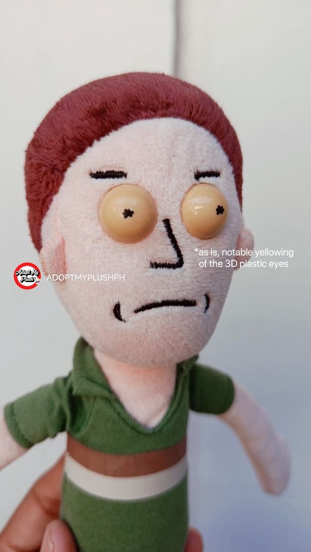 Rick and Morty, Gerald 'Jerry' Smith plush (Category: Plushies & Soft Toys) located in Taguig. Submitted by adopt.my.plush.ph (Listing ID 1468774928, Image 1). Description: Jerry is the husband of Beth Smith, the father of Summer Smith and Morty Smith, and the son-in-law of Rick Sanchez. Key Details & Features • Eyes: Features hard, 3D dome plastic eyes. As highlighted in the photo, these particular plastic elements are prone to notable yellowing