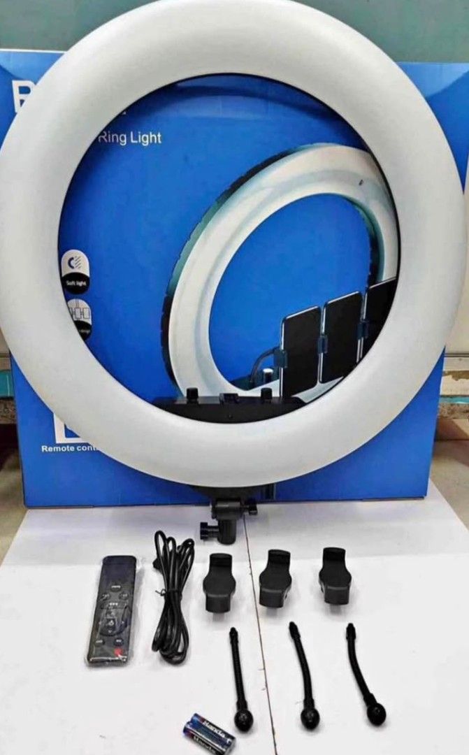 Ring Light with Remote Control and Phone Mounts (Category: Lighting & Studio Equipment) located in Manila. Submitted by iliasjen3082126 (Listing ID 1468868357, Image 1). Description: - Large ring light kit, fully functional and ready to use - Includes power cord, remote control, and batteries - Comes with 3 phone holders and flexible mounts - Perfect setup for video recording, makeup tutorials, and live streaming - Condition and items included ar