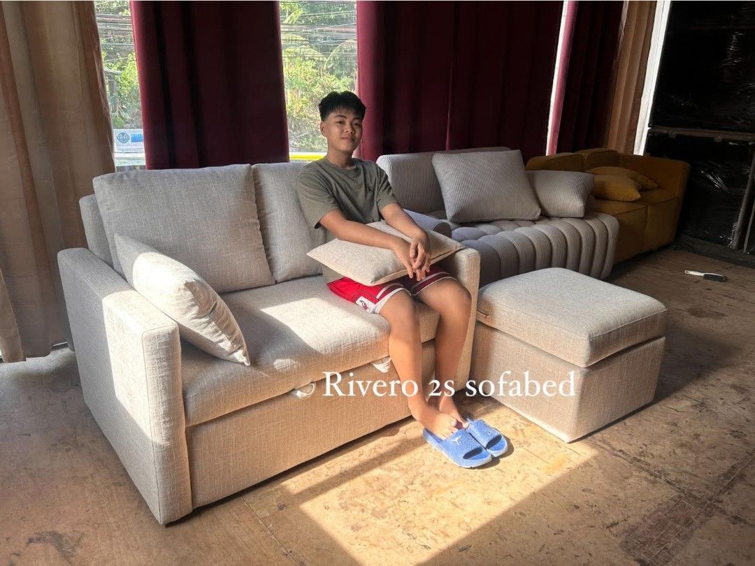 RIVERO 2s sofabed and ottoman (Category: Sofas) located in Antipolo. Submitted by yourstyle28_furniture (Listing ID 1468845598, Image 2). Description: WE ARE ON SALE!! Rivero 2s sofabed From 29,000 NOW 27,550!! (5% DISCOUNT) 54” width x 75” full size bed dimension ottoman/footstool 4,500 23x23” (ganitong sukat din po ang kailangan mo?)😊 PROMO RUNS UNTIL 1ST WEEK OF NOVEMBER , 2026 � Materials We Use: ●Fabric upholstery ●Solid Mahogany wood ●3/4"