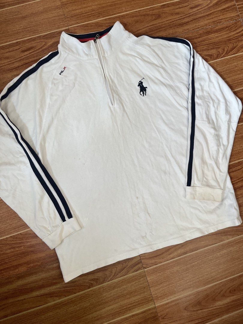 RLX Ralph Lauren Quarter Zip Pullover White (Category: Coats, Jackets and Outerwear) located in Manila. Submitted by stmngo (Listing ID 1468744903, Image 2). Description: Size 2xl on tag Width 25 inches Length 28 inches Need wash Minimal pinhole sa may neck line Good Condition 📍Manage your expectation. Item is thrifted. 📍Nagcarlan, Laguna.