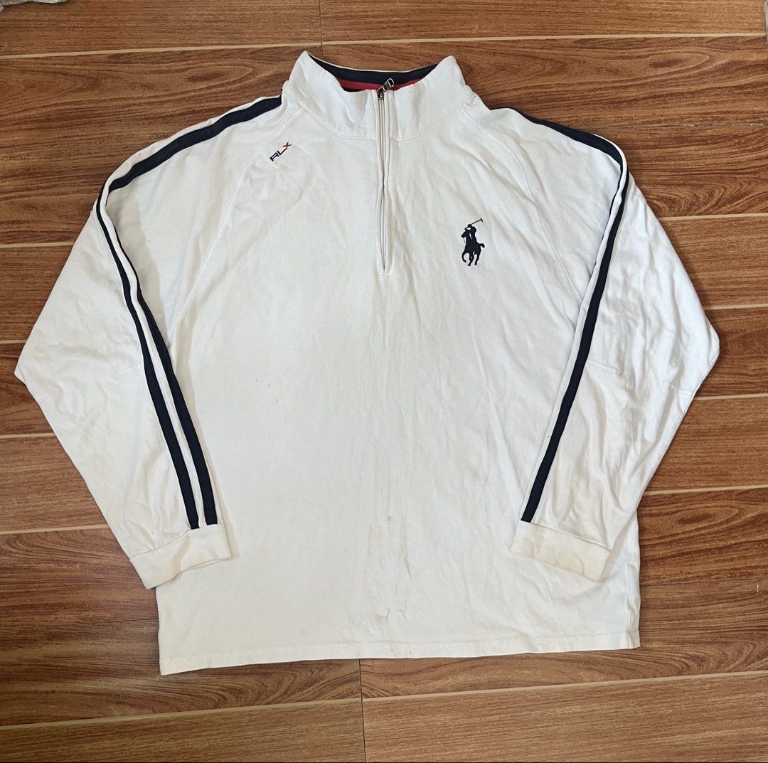 RLX Ralph Lauren Quarter Zip Pullover White (Category: Coats, Jackets and Outerwear) located in Manila. Submitted by stmngo (Listing ID 1468744903, Image 1). Description: Size 2xl on tag Width 25 inches Length 28 inches Need wash Minimal pinhole sa may neck line Good Condition 📍Manage your expectation. Item is thrifted. 📍Nagcarlan, Laguna.