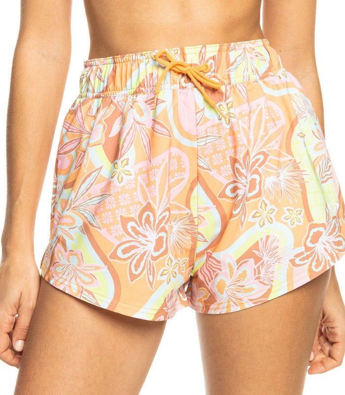 Roxy Floral Print Board Shorts Size S (Category: Shorts) located in Makati City. Submitted by nikarchives (Listing ID 1468747188, Image 1). Description: - Brand: Roxy - Used twice only - Design: Peach with multi-colored floral pattern - Size: S / P / CH / AUS S/8 - Material: Lightweight 90% polyester, 10% elastane - Features: Elastic waistband with adjustable orange drawstring, small Roxy logo near bottom hem - Origin: Made in China - Condition/U