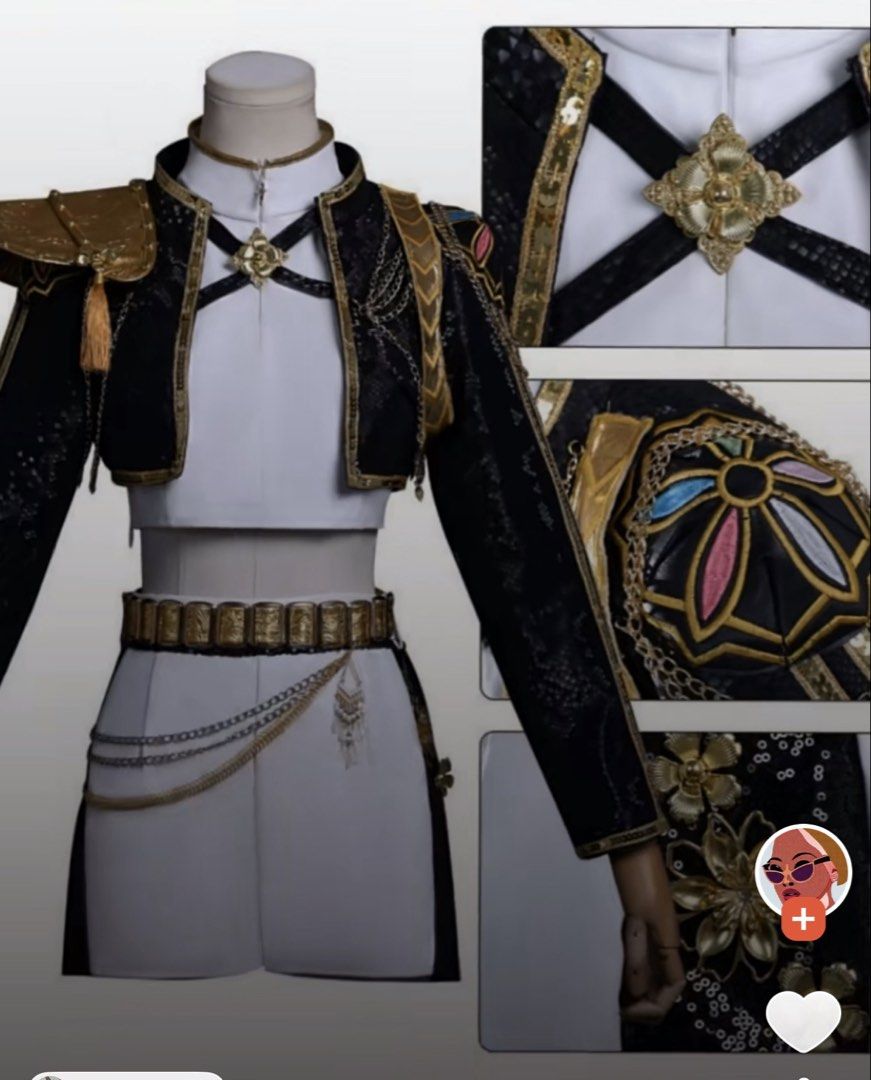 Rumi Jacket and Top Costume (Category: Coats, Jackets and Outerwear) located in Taguig. Submitted by ellajanee (Listing ID 1468786570, Image 3). Description: - Eye-catching black snakeskin texture short jacket with luxurious gold trim - Features an ornate gold shoulder epaulet with tassel details and metal chain accents - Designed with a smooth white satin inner layer and stylish front strap details - Back showcases a full textured pattern with a