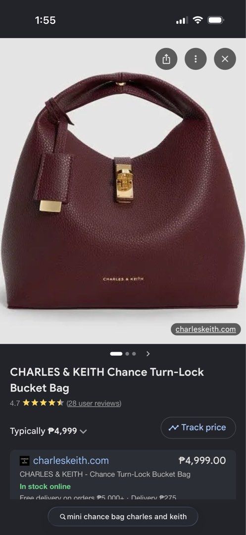 RUSH AUTHENTIC CHARLES & KEITH Mini Chance Turn-Lock Bucket Bag (Category: Cross-body Bags) located in Pasig City. Submitted by todaysarchives (Listing ID 1468758808, Image 2). Description: New with dust bag packaging included. 100% authentic, straight from the store in Singapore. Retails for P5,000, selling for P3,000. NEVER USED.