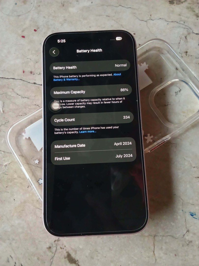 RUSH Iphone 15 pink 128gb (Category: iPhone 15 Series) located in Manila. Submitted by viadian (Listing ID 1468745935, Image 3). Description: fs, iphone 15 pink 128gb X/A variant 86% battery health no issue, only minimal paint chips (barely noticeable) no black or white spots sa cam, super linaw orig all parts, no history of repair comes with pink anker adaptor and pink ugreen cord rfs : pambayad sa tuition, rush selling since sa oct. 21 na exam 