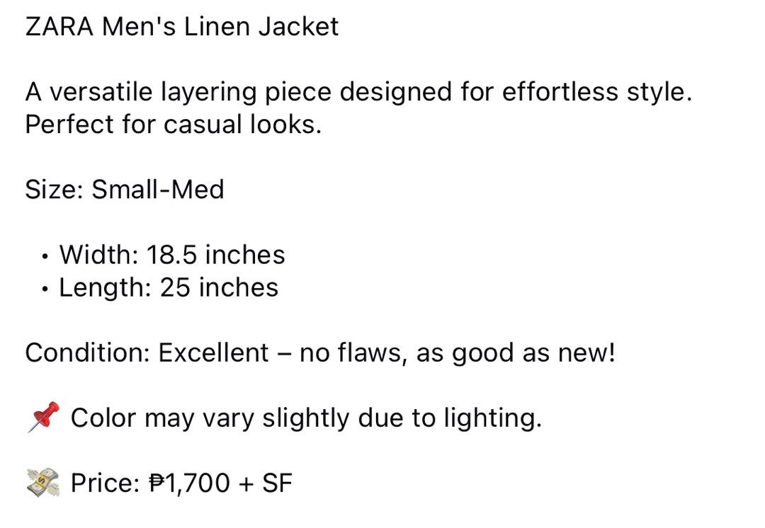 (S) ZARA Men's Linen Jacket (Category: Coats, Jackets and Outerwear) located in Bulacan. Submitted by cavalieeeer (Listing ID 1468788930, Image 2). Description: 𝗣𝗟𝗘𝗔𝗦𝗘 𝗥𝗘𝗔𝗗 𝗧𝗛𝗘 𝗗𝗘𝗧𝗔𝗜𝗟𝗦 𝗜𝗡 𝗧𝗛𝗘 𝟮𝗡𝗗 𝗣𝗜𝗖𝗧𝗨𝗥𝗘! We base sizing on actual measurements, not tag size — please check the dimensions before buying! 📌 Prices are fixed. Unreasonable offers will not be entertained. 🌐 Facebook Page: Cavalier 📍 Location: SJDM, B
