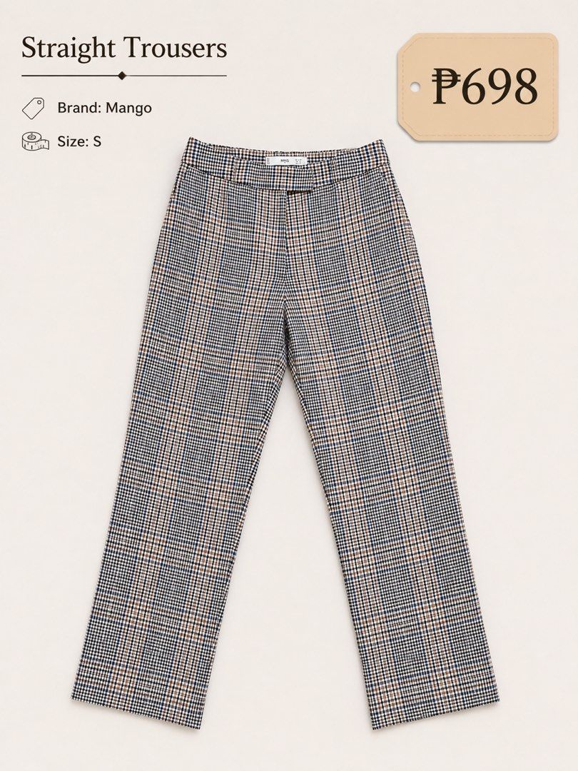 SALE! Get ₱450 each (Category: Jeans) located in Quezon City. Submitted by poshforward (Listing ID 1468742209, Image 1). Description: - Brand: Mango - Style: Straight trousers with a classic plaid pattern - Size: S (fits true to size) - Colors: Neutral tones of blue, brown, and black - Fit: Tailored with clean lines - Versatility: Easy to match with basic tops and blouses - Condition: Well-maintained and ready to wear.