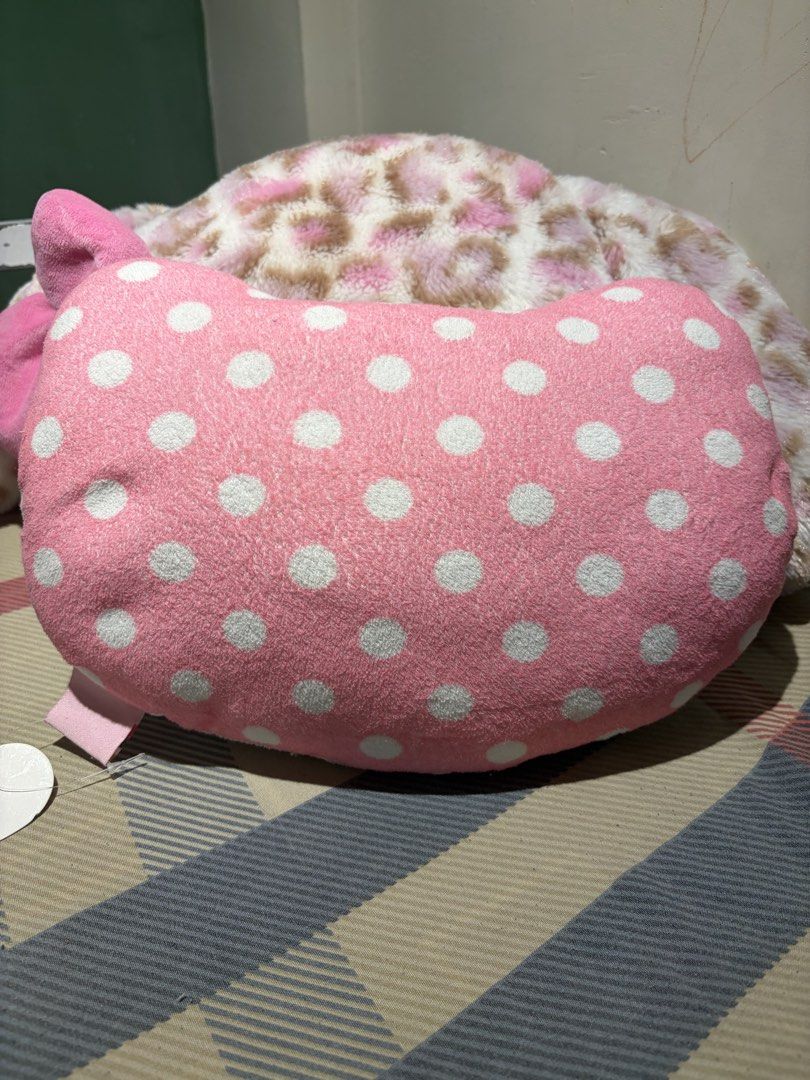 Sanrio Hello Kitty Polka Dot Plush Pillow (Category: Plushies & Soft Toys) located in Makati City. Submitted by squishycorner (Listing ID 1468802519, Image 2). Description: - Authentic Kitty shaped plush pillow - Front features classic Kitty face with yellow nose, brown eyes, and pink polka dot bow - Reverse side is pink with an all-over white polka dot pattern - Made with ultra-soft, huggable plush material - Brand new with original tag still at