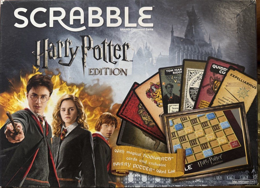 Scrabble Harry Potter Edition Board Game (Category: Board Games & Puzzles) located in San Pedro. Submitted by pageturner19 (Listing ID 1468749292, Image 1). Description: - Official Harry Potter themed Scrabble board game - Includes game board and original box - Complete letter tiles with a black drawstring tile bag - 4 colored tile racks: yellow, blue, pink, and green - Includes Hogwarts cards and rules booklet - Great gift for fans and collector