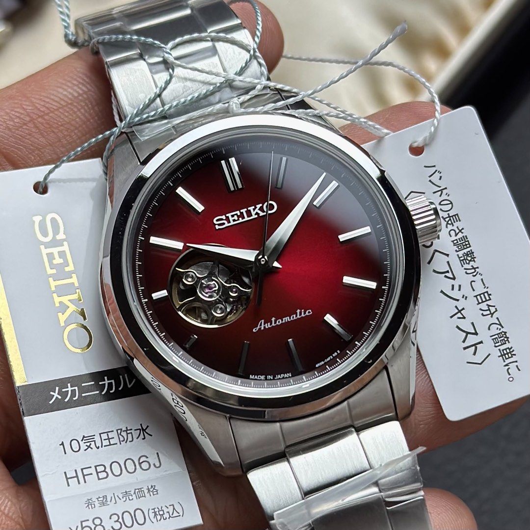 Seiko Selection Open Heart — Deep Red Dial HFB006 | HFB006J (Category: Men's Watches) located in Manila. Submitted by kcdvirtucio (Listing ID 1468901276, Image 1). Description: Seiko Selection Open Heart — Deep Red Dial Automatic Dress Watch HFB006 | HFB006J • JDM Exclusive | Rare Off-Catalog Model ‼️ Specs: ‣ Caliber: 4R38 (Automatic with Manual Winding) ‣ Power Reserve: Approx. 41 Hours ‣ 24 Jewels | 21,600 bph / 3Hz ‣ Case Size: Approx. 40mm S
