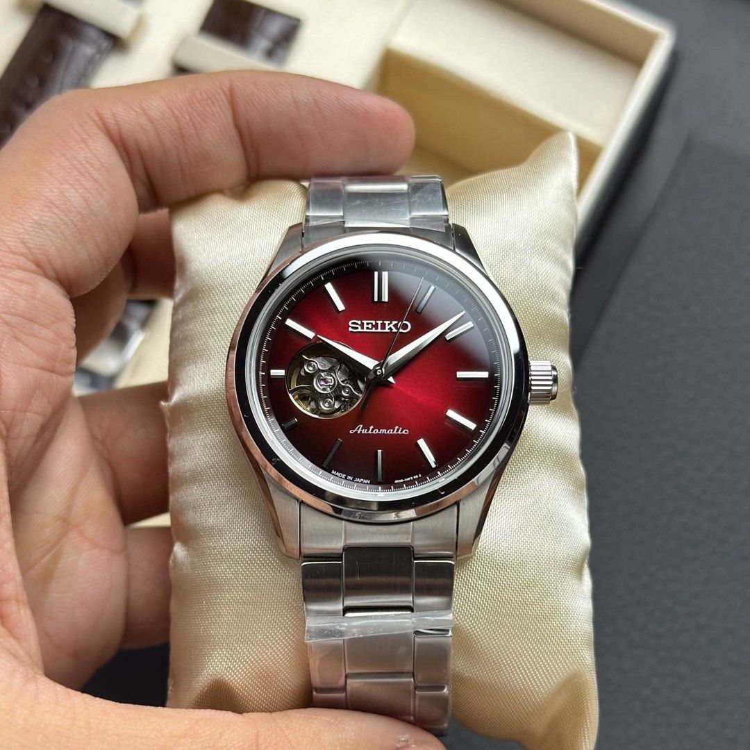 Seiko Selection Open Heart — Deep Red Dial HFB006 | HFB006J (Category: Men's Watches) located in Manila. Submitted by kcdvirtucio (Listing ID 1468901276, Image 2). Description: Seiko Selection Open Heart — Deep Red Dial Automatic Dress Watch HFB006 | HFB006J • JDM Exclusive | Rare Off-Catalog Model ‼️ Specs: ‣ Caliber: 4R38 (Automatic with Manual Winding) ‣ Power Reserve: Approx. 41 Hours ‣ 24 Jewels | 21,600 bph / 3Hz ‣ Case Size: Approx. 40mm S