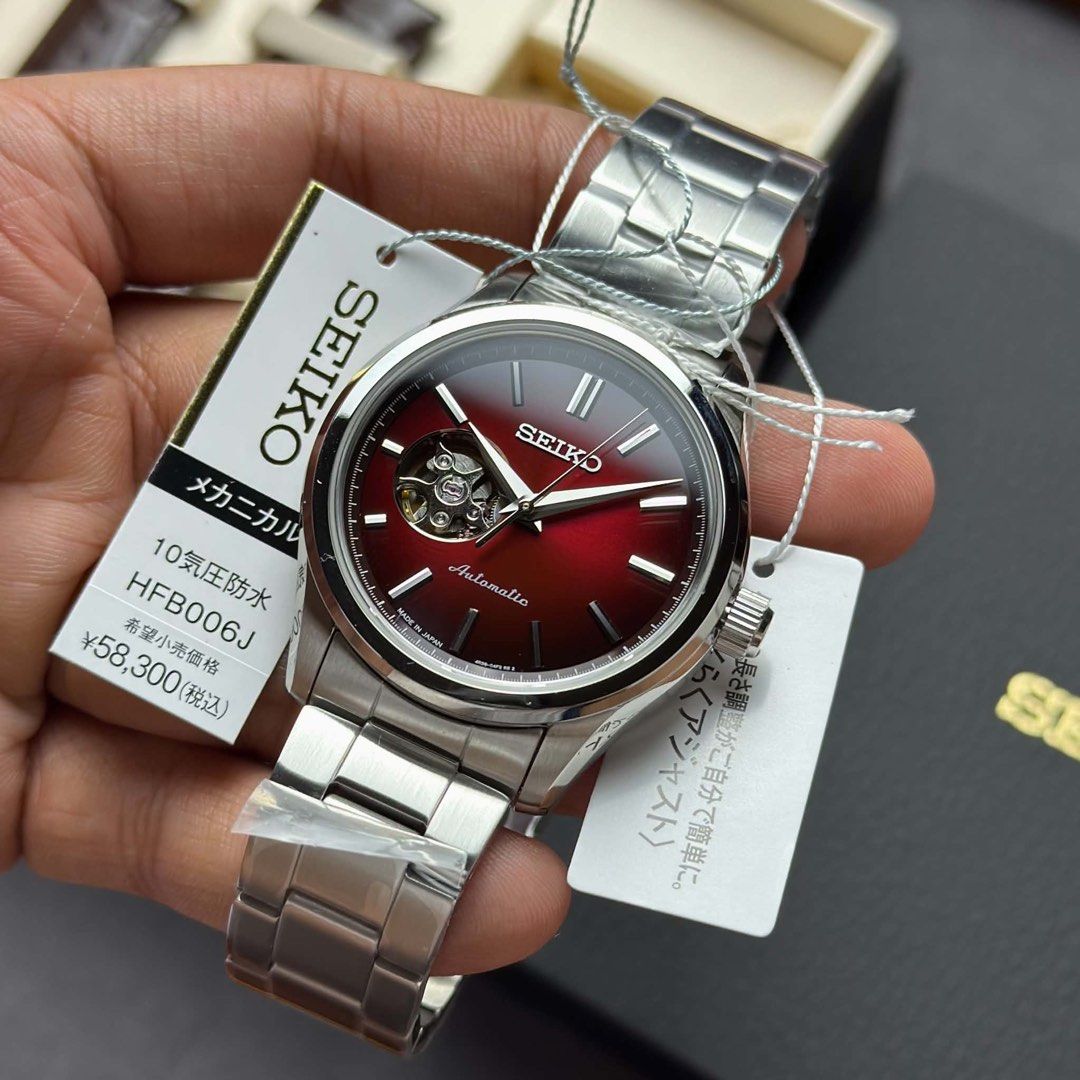 Seiko Selection Open Heart — Deep Red Dial HFB006 | HFB006J (Category: Men's Watches) located in Manila. Submitted by kcdvirtucio (Listing ID 1468901276, Image 3). Description: Seiko Selection Open Heart — Deep Red Dial Automatic Dress Watch HFB006 | HFB006J • JDM Exclusive | Rare Off-Catalog Model ‼️ Specs: ‣ Caliber: 4R38 (Automatic with Manual Winding) ‣ Power Reserve: Approx. 41 Hours ‣ 24 Jewels | 21,600 bph / 3Hz ‣ Case Size: Approx. 40mm S