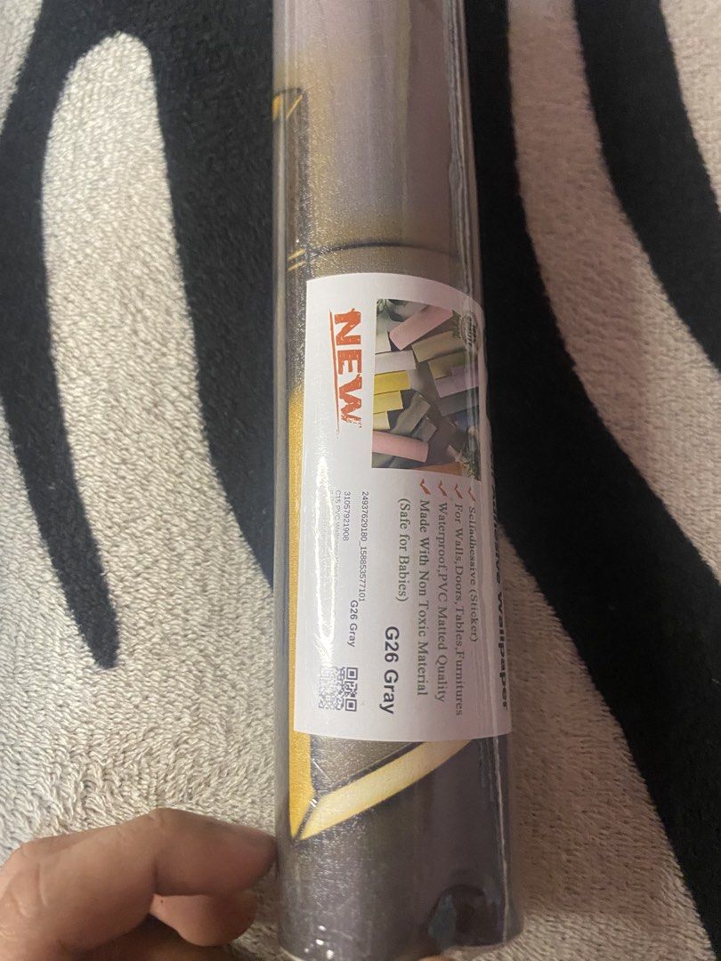 Self adhesive Wallpaper + Gift Wrap (Category: Wall Decor) located in Manila. Submitted by ddxyatchang (Listing ID 1468835286, Image 2). Description: Self Adhesive Wallpaper + Gift Wrap Wallpaper Sticker - G26 Gray - Brand new, sealed - Design: Geometric Grey with gold line (G26) - Size: 45cm x 10m (standard roll) - Waterproof PVC, Non-toxic, Safe for babies - Pang wall, door, table, cabinet - peel & stick, no need pandikit - Brand: Aceking HomeD