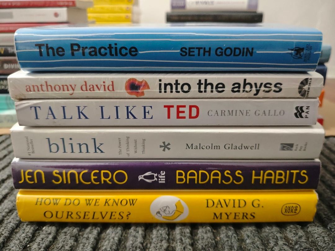 Self-Development & Nonfiction Books | Psychology, Habits & Creativity (Category: Storybooks) located in Caloocan City. Submitted by age_neck0326 (Listing ID 1468761355, Image 1). Description: AVAILABLE TITLES • How Do We Know Ourselves? — David G. Myers | ₱280 • Badass Habits — Jen Sincero | ₱280 • Blink — Malcolm Gladwell | ₱300 • Talk Like TED — Carmine Gallo | ₱250 • Into the Abyss — Anthony David | ₱350 • The Practice — Seth Godin | ₱280 Indi