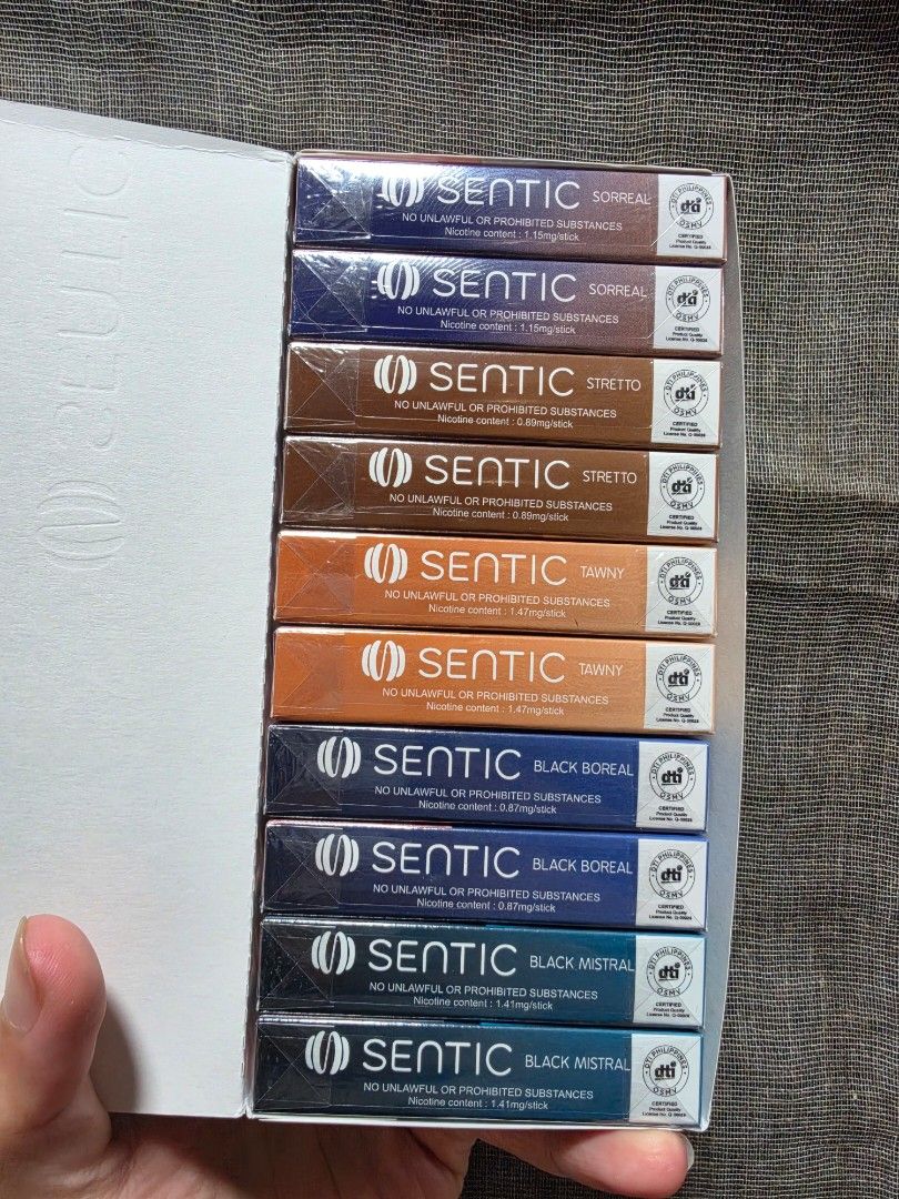 Sentic alternative for mok coo/heets (Category: Fragrance & Deodorants) located in Valenzuela. Submitted by heatnotburn (Listing ID 1468877078, Image 1). Description: - Brand new, unopened Sentic master box - Contains 10 sealed individual packs - Assorted flavors: Sorreal, Stretto, Tawny, Black Boreal, and Black Mistral - 100% authentic retail packaging Works with Mok Devices (Mini plus, fwrd switch, and Fwrd) .