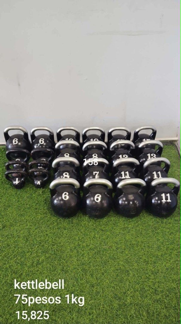 Take all - Set of Kettlebells Various Weights (Category: Weights & Dumbbells) located in Pasig City. Submitted by rhi-stock (Listing ID 1468576458, Image 1). Description: - Heavy duty cast iron kettlebells with stylish silver handles - Available weights: 6kg, 7kg, 8kg, 11kg, and more in the stack - Super affordable price at only ₱75 per kilogram - Features clear weight markings for easy identification - Ideal for home workouts, strength training,