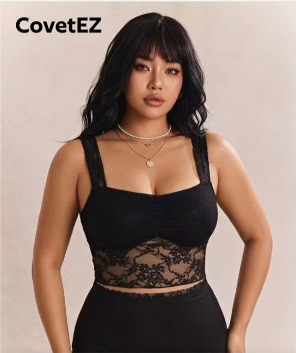 SHEIN Curve Black Lace Crop Top (Category: Sleeveless) located in Manila. Submitted by babeboxtheory (Listing ID 1467303947, Image 1). Description: - Brand: SHEIN Curve - Size: US 32/34 (8X) - Color: Black - Design: Square neckline with ruched center, wide straps, sleeveless - Detail: Sheer floral lace panel at the bottom hem - Style: Great for layering or a stylish night out.