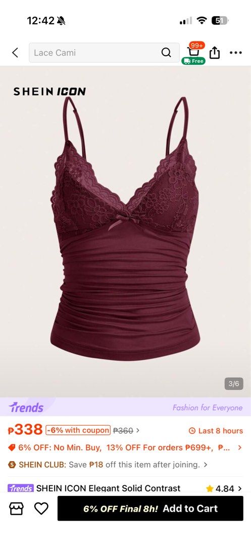 SHEIN ICON Elegant Solid Contrast Lace Cami Top (Category: Sleeveless) located in Las Pinas. Submitted by hanrue12 (Listing ID 1468748502, Image 1). Description: - Brand: SHEIN ICON - RFS: Duplicate - Color: Maroon - Style: Slim fit cami top - Straps: Adjustable spaghetti straps - Material: Stretchy, comfortable fabric - Condition: Brand new / Excellent.