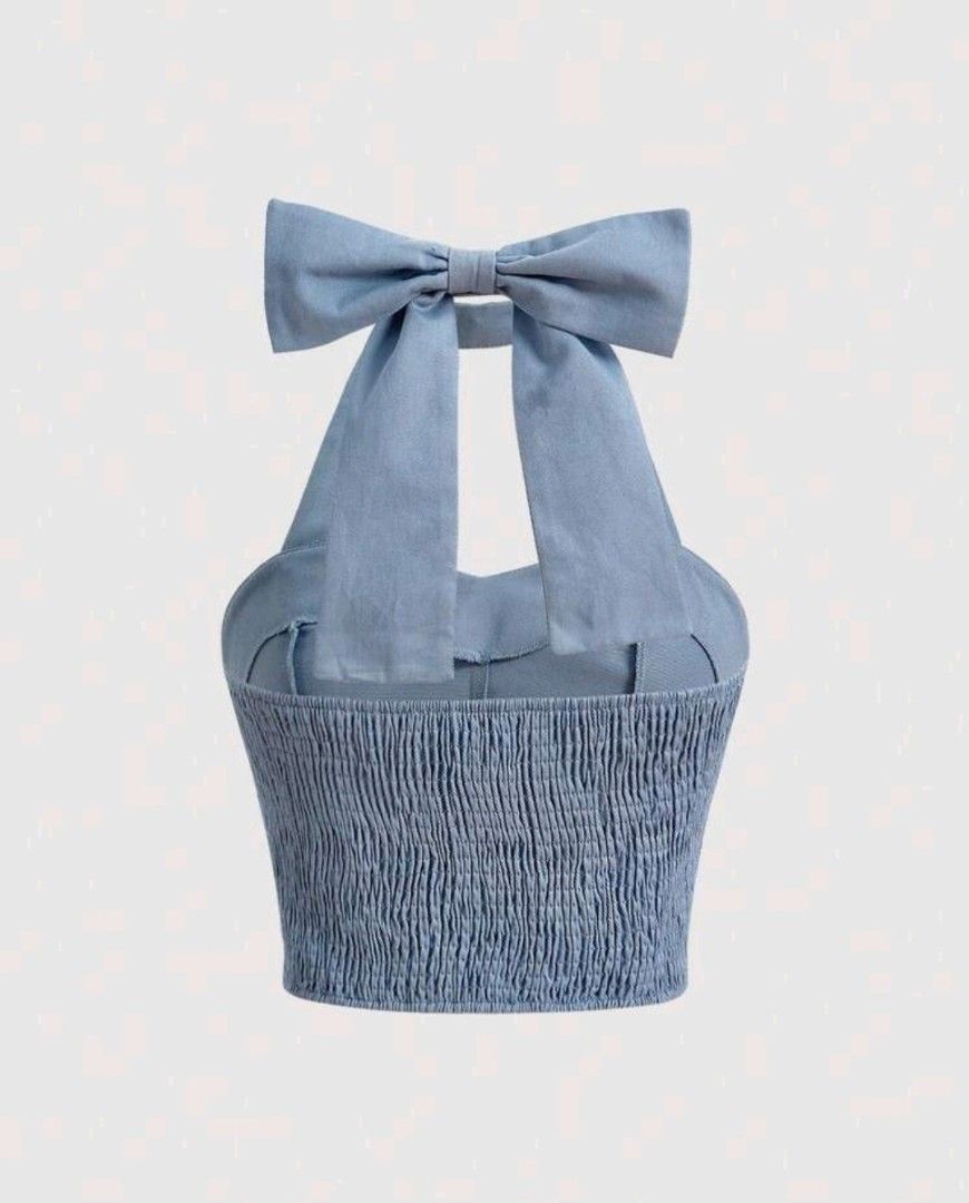 SHEIN MOD Solid Cut Out Front Rhinestone Decor Bow Back Crop Halter Top blue (Category: Blouses) located in Quezon City. Submitted by andrea11171999 (Listing ID 1468804406, Image 2). Description: .