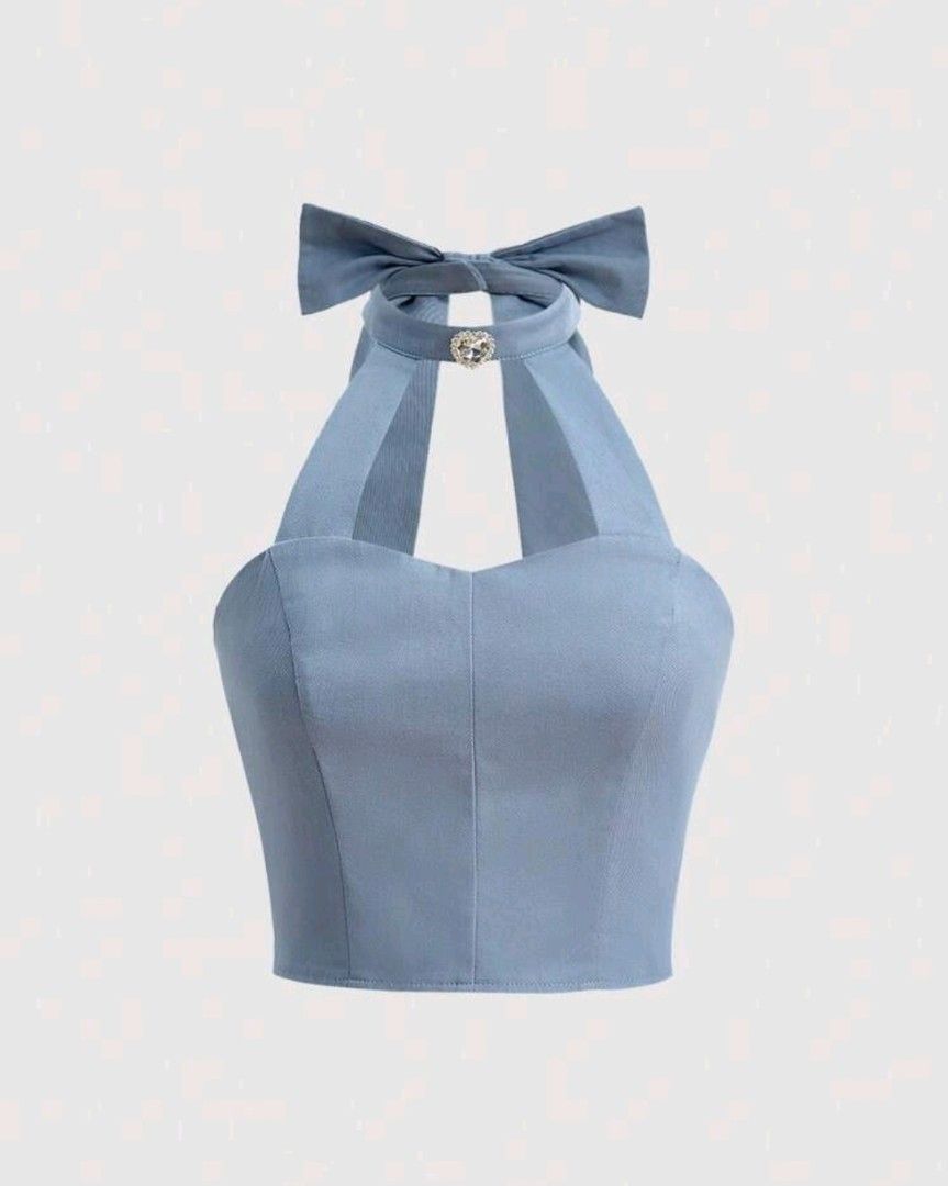 SHEIN MOD Solid Cut Out Front Rhinestone Decor Bow Back Crop Halter Top blue (Category: Blouses) located in Quezon City. Submitted by andrea11171999 (Listing ID 1468804406, Image 1). Description: .
