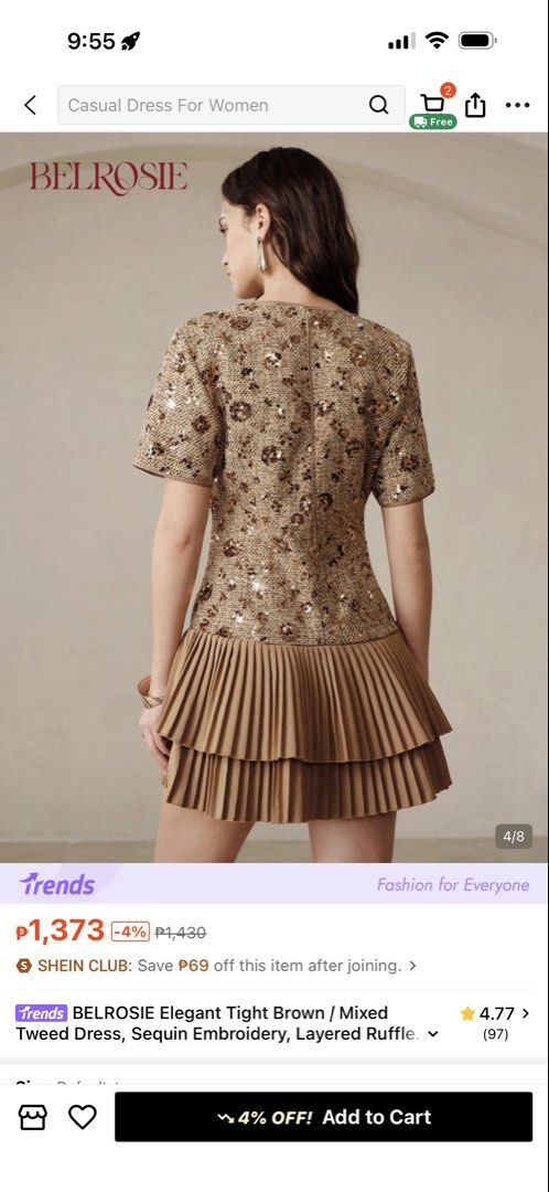 Shein Sequin Tweed Layered Ruffle Dress (Category: Dresses) located in Quezon City. Submitted by greatfindsstuff (Listing ID 1468721218, Image 2). Description: - Brand/Model: BELROSIE tight tweed dress - Color: Brown with sparkling sequin embroidery - Design: Short sleeves, round neckline, and a trendy layered pleated ruffle skirt - Condition: Worn once for a birthday party, excellent overall condition - Sizing: Please check the size chart photo 