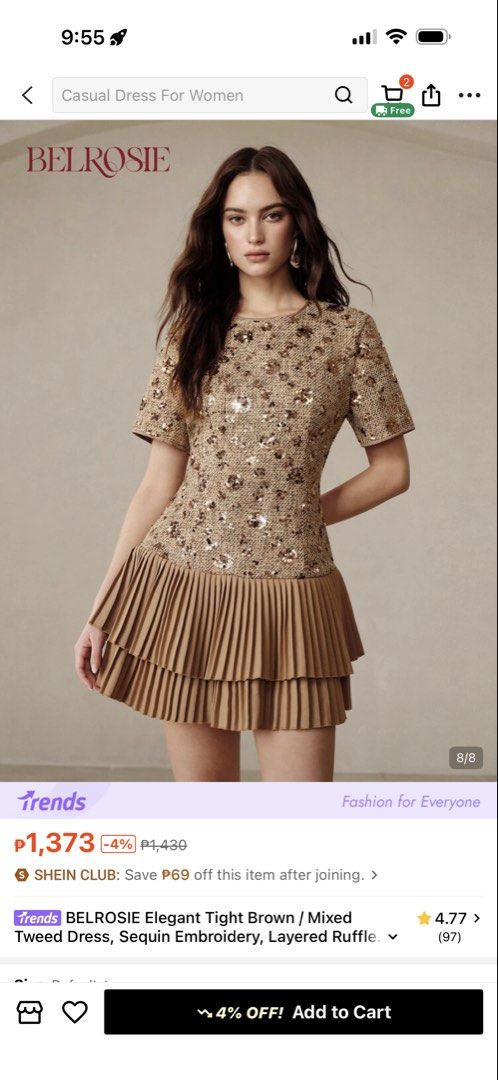 Shein Sequin Tweed Layered Ruffle Dress (Category: Dresses) located in Quezon City. Submitted by greatfindsstuff (Listing ID 1468721218, Image 1). Description: - Brand/Model: BELROSIE tight tweed dress - Color: Brown with sparkling sequin embroidery - Design: Short sleeves, round neckline, and a trendy layered pleated ruffle skirt - Condition: Worn once for a birthday party, excellent overall condition - Sizing: Please check the size chart photo 