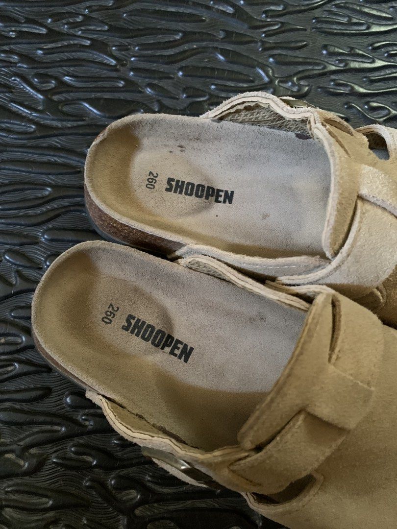 shoopen cork mule sandal (Category: Slippers & Slides) located in Manila. Submitted by _blessmeo (Listing ID 1468748018, Image 3). Description: 41 eu / 26 cm rubber outsole suade beige color needs clean marks of glue & faded buckle (minor) looks good to wear! .