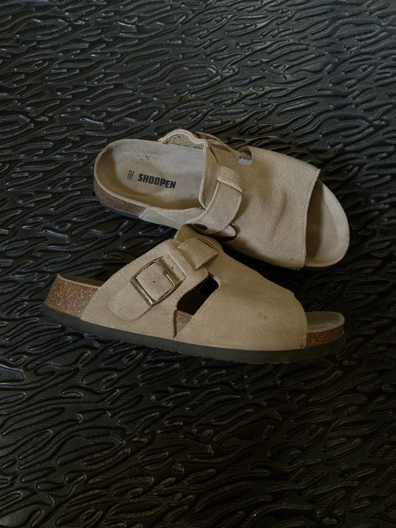 shoopen cork mule sandal (Category: Slippers & Slides) located in Manila. Submitted by _blessmeo (Listing ID 1468748018, Image 2). Description: 41 eu / 26 cm rubber outsole suade beige color needs clean marks of glue & faded buckle (minor) looks good to wear! .