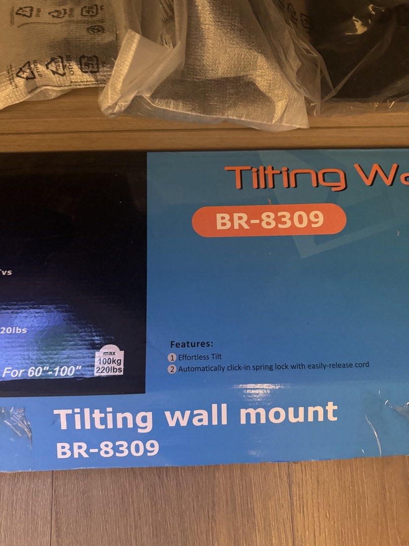 Sigma BR-8309 Tilting TV Wall Mount 60"-100" (Category: TV Parts & Accessories) located in Makati City. Submitted by juxyluxy (Listing ID 1468864307, Image 2). Description: - Fits large TVs: 60 to 100 inches - Heavy-duty build: Supports up to 100kg / 220lbs - Max VESA compatibility: 1000x800 - Adjustable viewing: +15 to -15 degrees effortless tilt - Secure installation: Automatic click-in spring lock with release cord - Profile depth: 130mm - Com