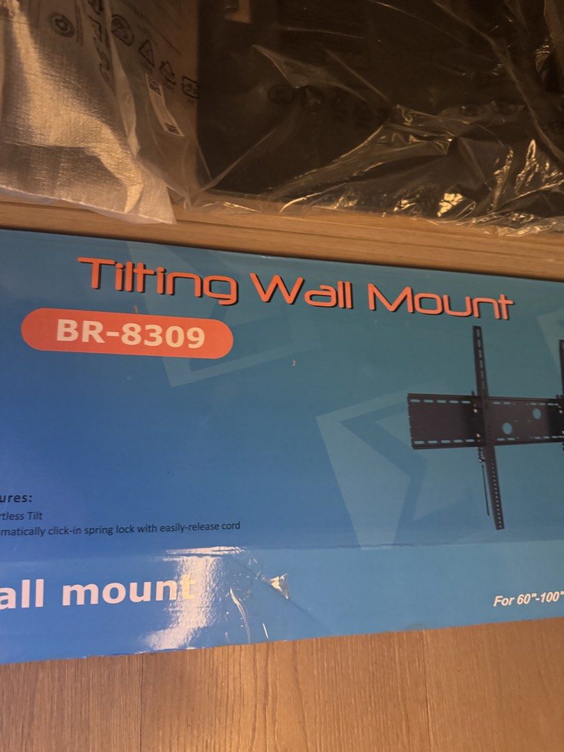 Sigma BR-8309 Tilting TV Wall Mount 60"-100" (Category: TV Parts & Accessories) located in Makati City. Submitted by juxyluxy (Listing ID 1468864307, Image 3). Description: - Fits large TVs: 60 to 100 inches - Heavy-duty build: Supports up to 100kg / 220lbs - Max VESA compatibility: 1000x800 - Adjustable viewing: +15 to -15 degrees effortless tilt - Secure installation: Automatic click-in spring lock with release cord - Profile depth: 130mm - Com
