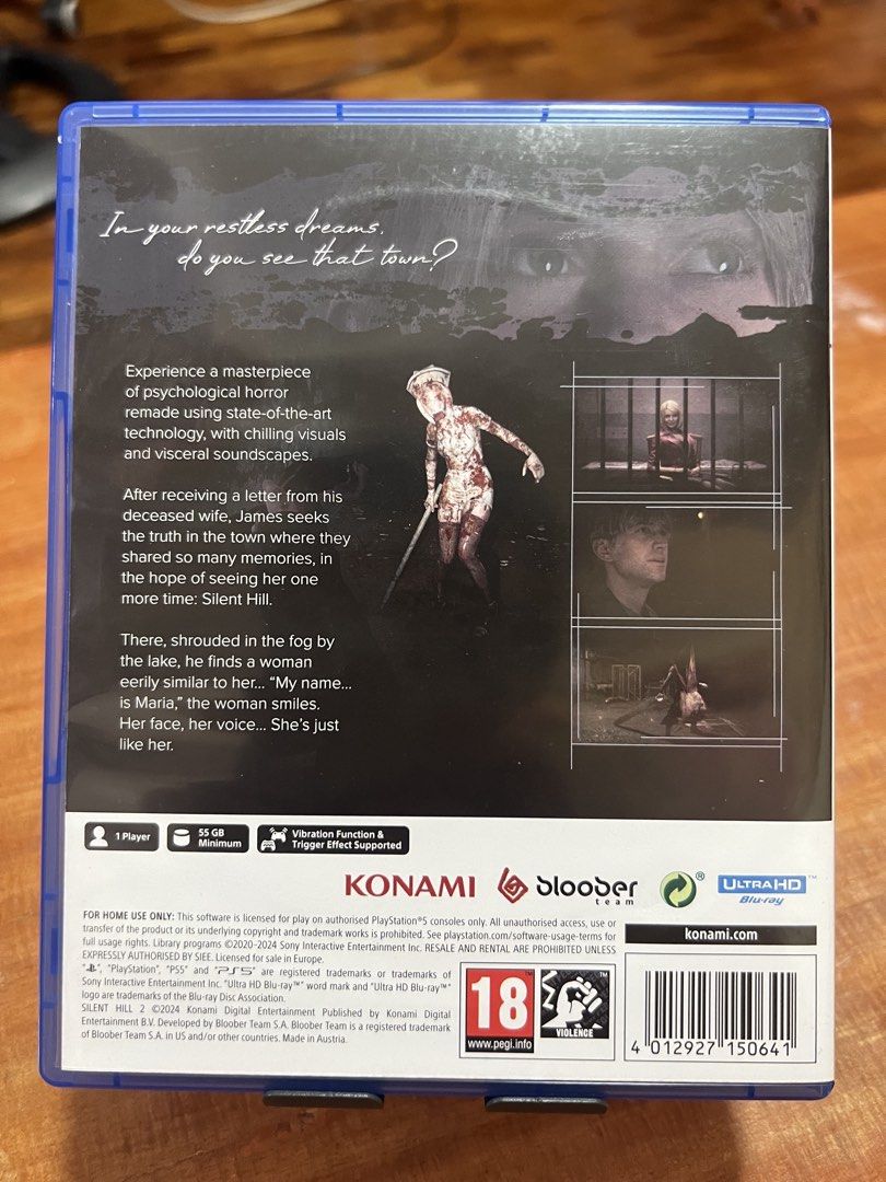 Silent Hill 2 PS5 Game (Category: PlayStation) located in Manila. Submitted by jancarlm5043263 (Listing ID 1468838852, Image 2). Description: - Platform: PlayStation 5 - Condition: Physical game disc in original case - Genre: Survival psychological horror (Developed by Bloober Team, Published by Konami) - Rating: PEGI 18 - Meet-up available SM NORTH EDSA.