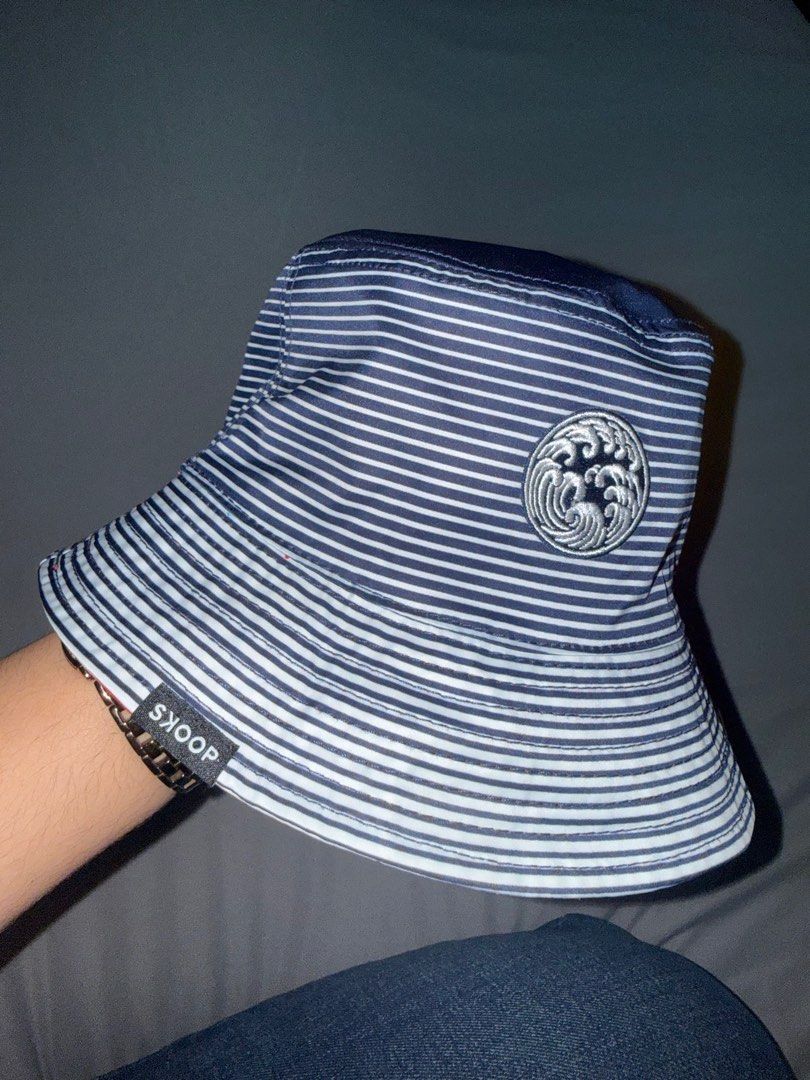 SKOOP REVERSIBLE STRIPED BUCKET HATS (Category: Caps & Hats) located in Las Pinas. Submitted by coolthreadz (Listing ID 1468826358, Image 1). Description: 🧢 SKOOP REVERSIBLE STRIPED BUCKET HATS 🏷️ Brand: Skoop 🎨 Available Colors: Red/White & Navy Blue/White ✨ Condition: Preloved 📦 Sold Separately * Reversible bucket hats featuring a striped exterior and solid-colored reverse side. * Embroidered circular patches on the striped side. * Features