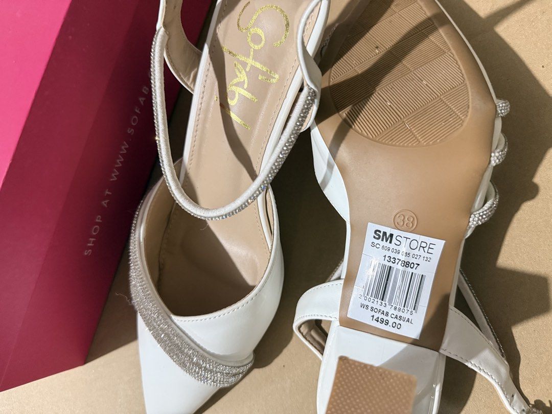 Sofab White Rhinestone Pointed Toe Heels Size 38 (Category: Heels) located in Calamba. Submitted by itszygie (Listing ID 1468734758, Image 3). Description: - Brand: Sofab - Size: 38 - Color: White - Style: Pointed toe heels with stable block heel - Inclusion: Comes with original pink box - Condition: Great for events, weddings, and formal wear - Wear once only.