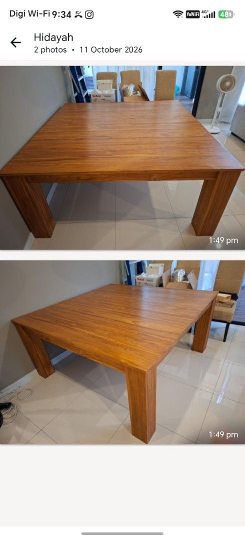 Solid Wood Dining Table (Category: Tables & Sets) located in Kuala Lumpur. Submitted by northh_abey26 (Listing ID 1468856867, Image 3). Description: - Large and sturdy wooden dining table (teak wood) featuring a unique plank top - Elegant legs with vertical fluted detailing for a classic touch - Beautiful natural wood grain finish showcasing the quality material - Generous legroom underneath with strong support beams and clean construction - Heav