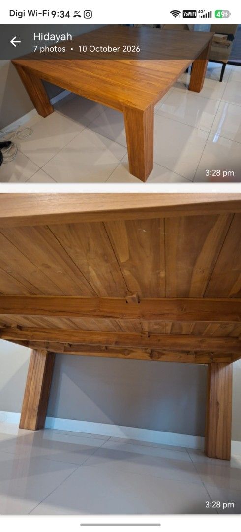 Solid Wood Dining Table (Category: Tables & Sets) located in Kuala Lumpur. Submitted by northh_abey26 (Listing ID 1468856867, Image 2). Description: - Large and sturdy wooden dining table (teak wood) featuring a unique plank top - Elegant legs with vertical fluted detailing for a classic touch - Beautiful natural wood grain finish showcasing the quality material - Generous legroom underneath with strong support beams and clean construction - Heav