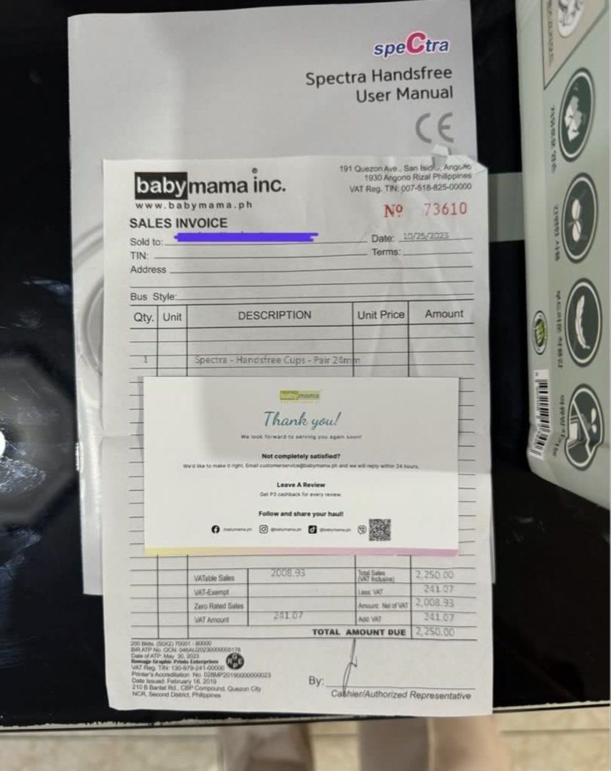 Spectra Handsfree Breast Shield Set 24mm (Category: Breastfeeding & Bottle Feeding) located in Baguio. Submitted by pallas12 (Listing ID 1468788779, Image 3). Description: - Item: Spectra handsfree breast shield set - Size: 24mm - Condition: Brand new, never used, still in original box - Inclusions: Pair of collection cups, user manual, and original Babymama receipt - Purchase Date: October 2023.