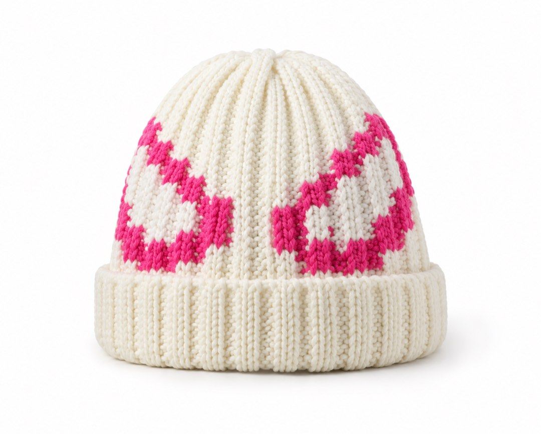 Spider-man Knit Winter Beanie White with Pink Pattern (Category: Hats & Beanies) located in Taytay. Submitted by theziatique (Listing ID 1468883535, Image 1). Description: - Style: White ribbed knit winter beanie with a bright pink geometric pixel pattern - Fit: Standard adult size with a cozy foldover cuff design - Material: Thick, warm knit yarn ideal for cold weather - Condition: Excellent, clean condition with no loose threads or pulls.