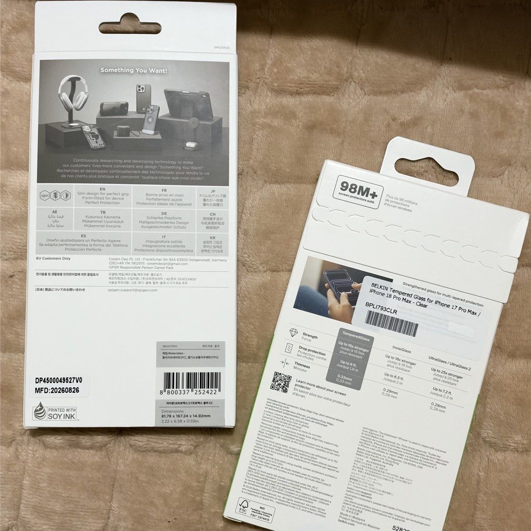 Spigen phone case and Belkin Screen Protector for iPhone 18 Pro Max (Category: Cases & Sleeves) located in Manila. Submitted by tellemjayewolf (Listing ID 1468900346, Image 2). Description: - Brand: Spigen (Ultra Hybrid Case) & Belkin (ScreenForce Tempered Glass) - Compatibility: iPhone 18 Pro Max / 17 Pro Max - Condition: Brand new in box - Case Features: Military-grade drop protection, crystal clear, slim design with AirCushion technology - Scr